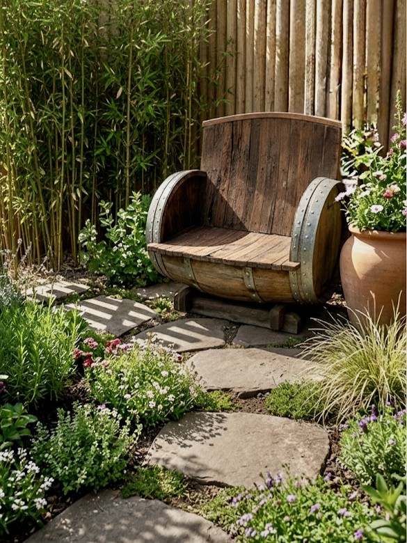 חבית יין ספסל מעץ לגינה